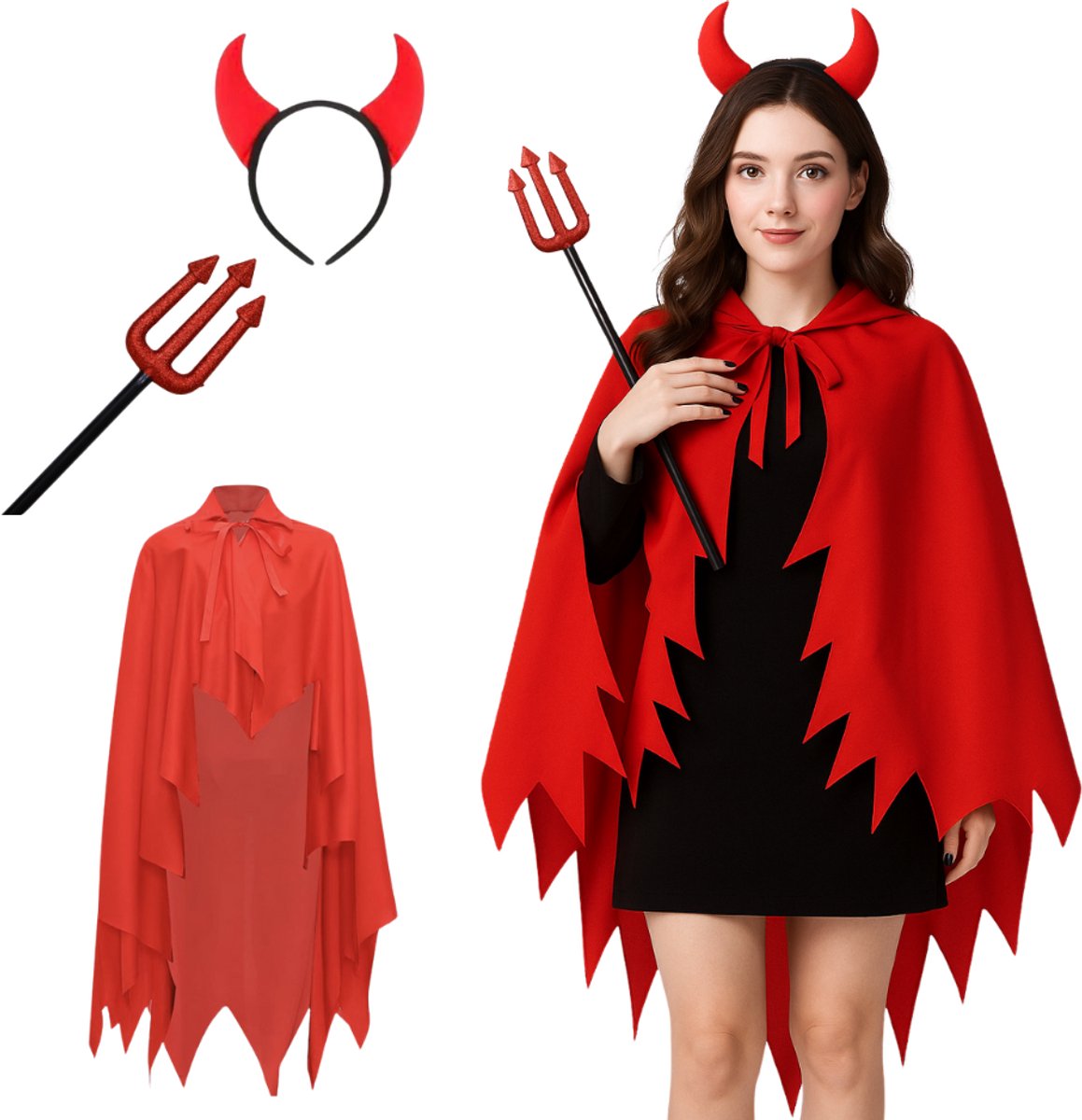 Joya Party® Duivel Verkleed Accessoiresset | 3-delig | Rode Cape 110 cm | Haarband met Duivelsoortjes | Drietand met Glitters | Halloween & Carnaval Kostuum voor Volwassenen en Kinderen