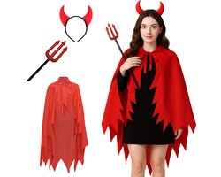 Joya Party® Duivel Verkleed Accessoiresset | 3-delig | Rode Cape 110 cm | Haarband met Duivelsoortjes | Drietand met Glitters | Halloween & Carnaval Kostuum voor Volwassenen en Kinderen