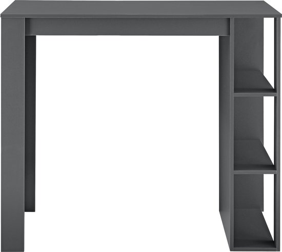 Donkergrijze bartafel met rechte lijnen en een open vakkenkast aan de rechterzijde.