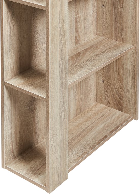 Detail van de open vakken van een houten bartafel.