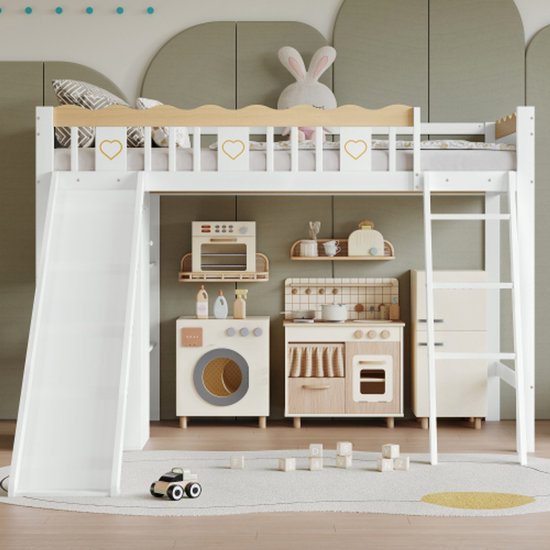 Moimhear Stapelbed met tafel en kledingkast, kinderbed, met valbeschermingsrooster, met planken en ladder met vier niveaus, geïntegreerde opbergruimte, grenen MDF multiplex, wit, 90 x 200 cm