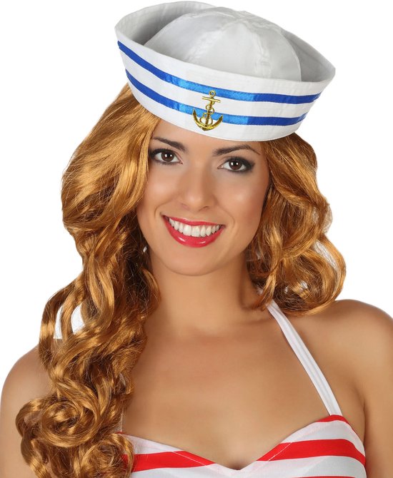 Wit/blauw matrozen verkleed hoedje voor volwassenen - polyester - marine/sailor - carnaval
