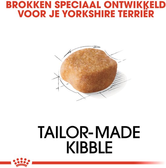 Speciaal ontwikkelde brokjes voor Yorkshire Terriers. Een close-up van een brokje is zichtbaar.