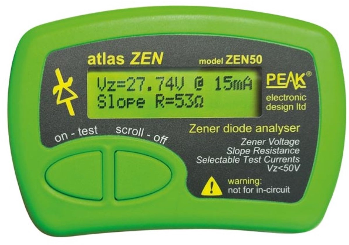 Peak Zenerdiode tester voor elektronische componenten, doorslagspanningsmeter tot 50V, hellingweerstand analyser, geschikt voor VDR TVS avalanche diodes LED strings, inclusief hold functie, meetresultaten live op grafisch display