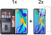 Huawei p30 hoesje bookcase zwart wallet case portemonnee book hoesjes hoes cover - 2x Huawei P30 Screenprotector