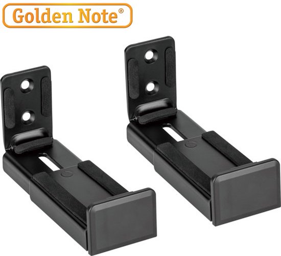 Twee universele, zwarte soundbar-ophangbeugels van Golden Note met anti-slip pads en muurbevestiging.