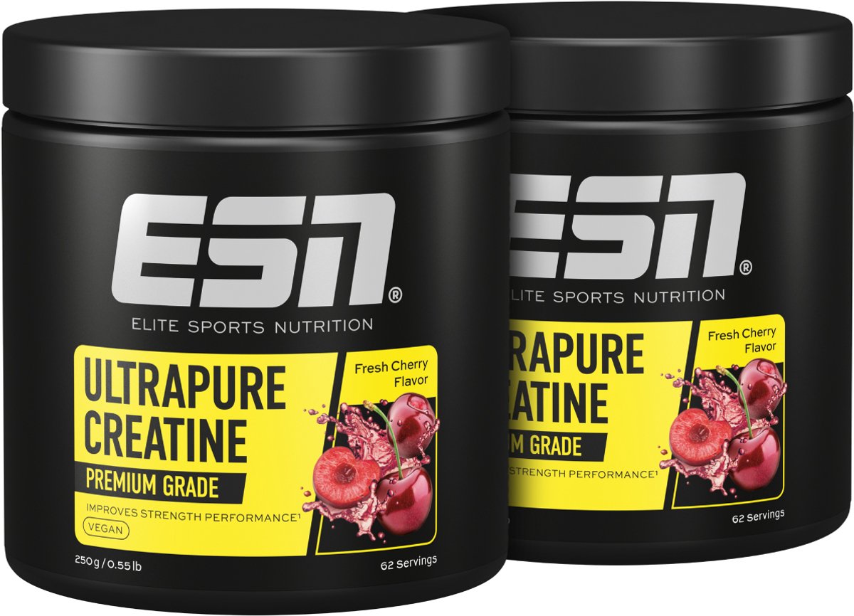ESN Ultrapure Creatine Poeder, Fresh Cherry, 2 x 250 g Voordeelverpakking - Puur Creatine Monohydraat, Premium Kwaliteit, Veganistisch