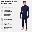 Model in een marineblauwe thermoshirt met rits en thermobroek, naast een lijst met productkenmerken.