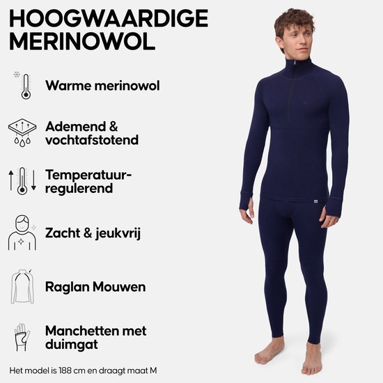 Model in een marineblauwe thermoshirt met rits en thermobroek, naast een lijst met productkenmerken.