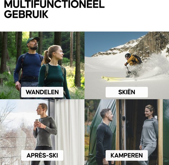 Collage van vier afbeeldingen: wandelen in het bos, skiën in de sneeuw, après-ski, kamperen.