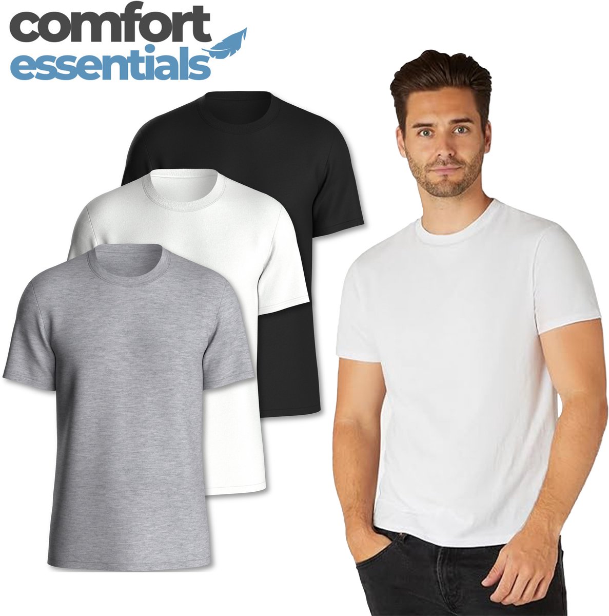 Comfort Essentials -T Shirt Heren - 3 pack XL - Wit Grijs Zwart Classic-T Shirts Heren - Katoen - Overshirt Heren - Casual Fit