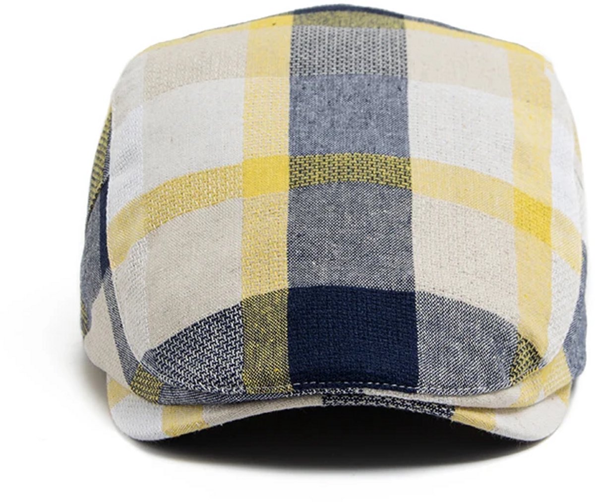 Flatcap Heren – Ruitpatroon – Geel/Blauw – Ademend Katoen – Vintage Newsboy Stijl