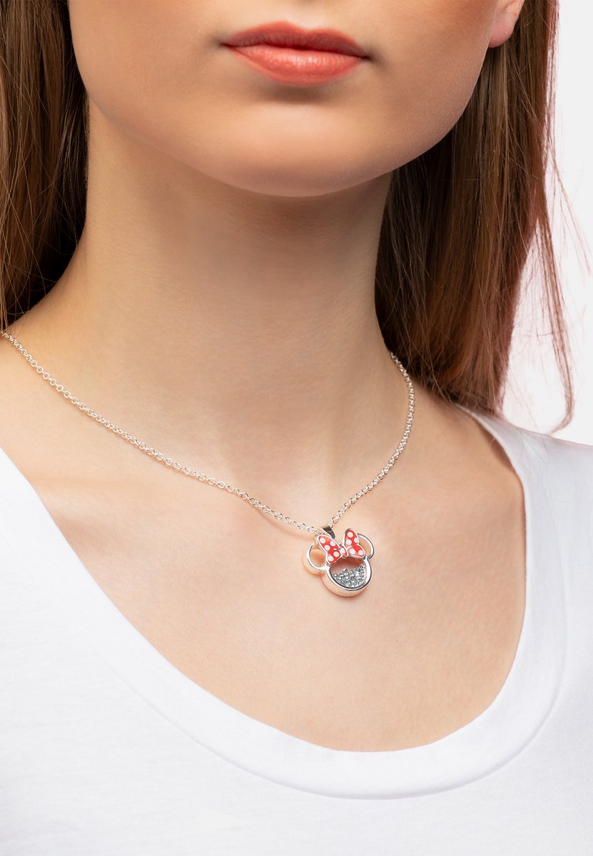 Disney Minnie Silver Plated Brass with Red enamel Bow April Birthstone Floating Stone Necklace