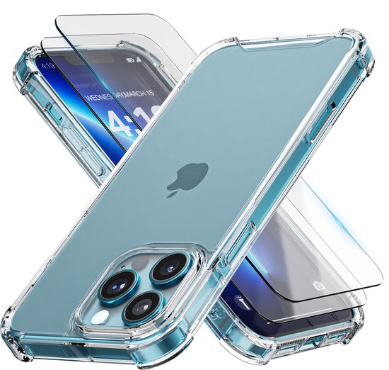 Coque de téléphone transparente avec coins renforcés et deux protecteurs d'écran de téléphone.