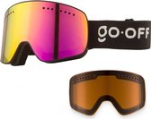 Skibril met paars-gele reflecterende lens en een extra oranje lens. Zwarte band met het opschrift GO-OFF.