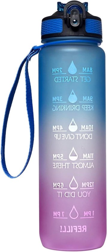Allecto plus - Motiverende waterfles met stro en tijdmarker voor fitness en outdoor (blauw/paars verloop), 32oz. Met draagbare en herbruikbare functie.