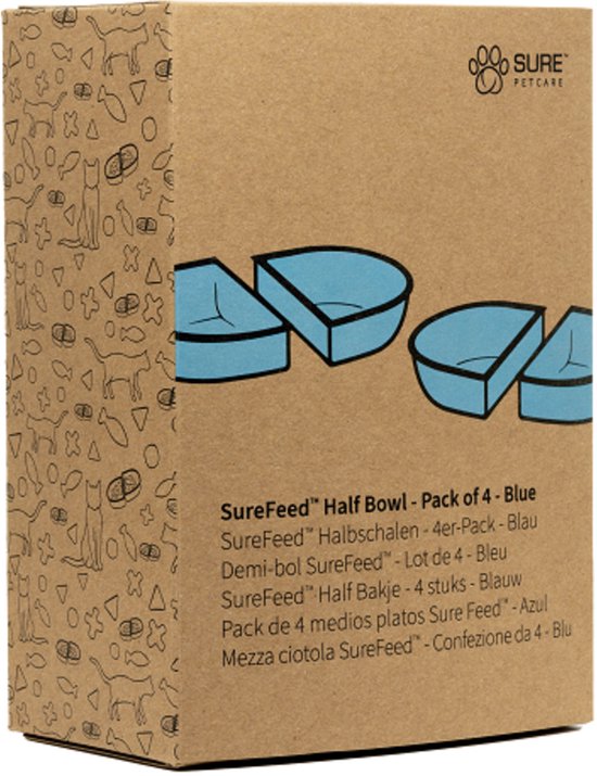 Kartonnen doos met katten- en voerpatroon en 'SureFeed Half Bowl - Pack of 4 - Blue' tekst.