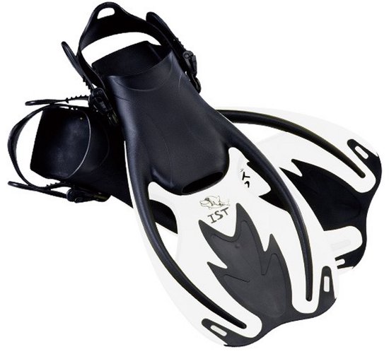 Palmes de plongée IST Sports noires et blanches, taille 34-38, avec sangles réglables.