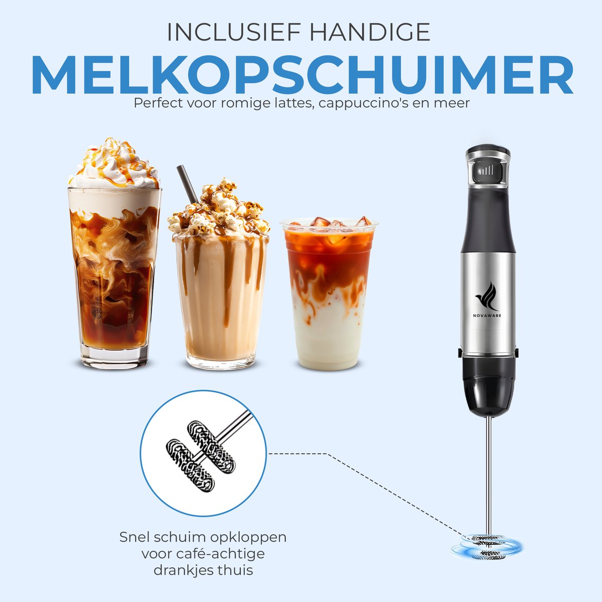 NovaWare Staafmixer 6-in-1 Set – 1100W - Hand Blender - Met Hakmolen, Garde, Melkopschuimer & Maatbeker – RVS – foto 7