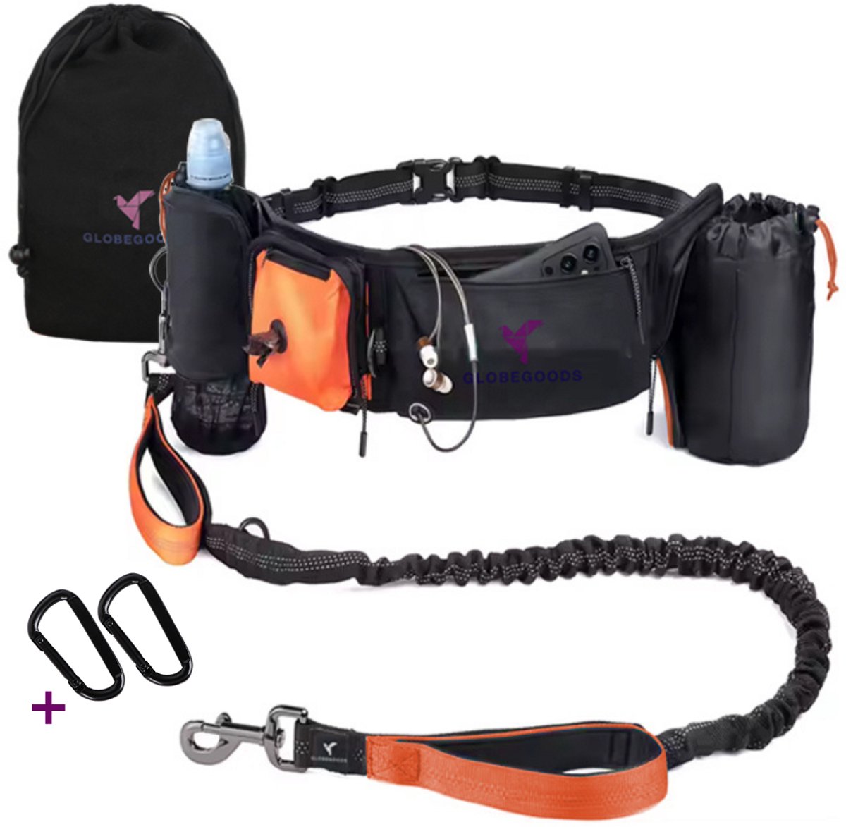 Handsfree Hondenriem met Heuptas – Hardloopriem hond – Looplijn met Heupriem – Honden Trainingslijn – Elastische Looplijn 150-200cm – Oranje