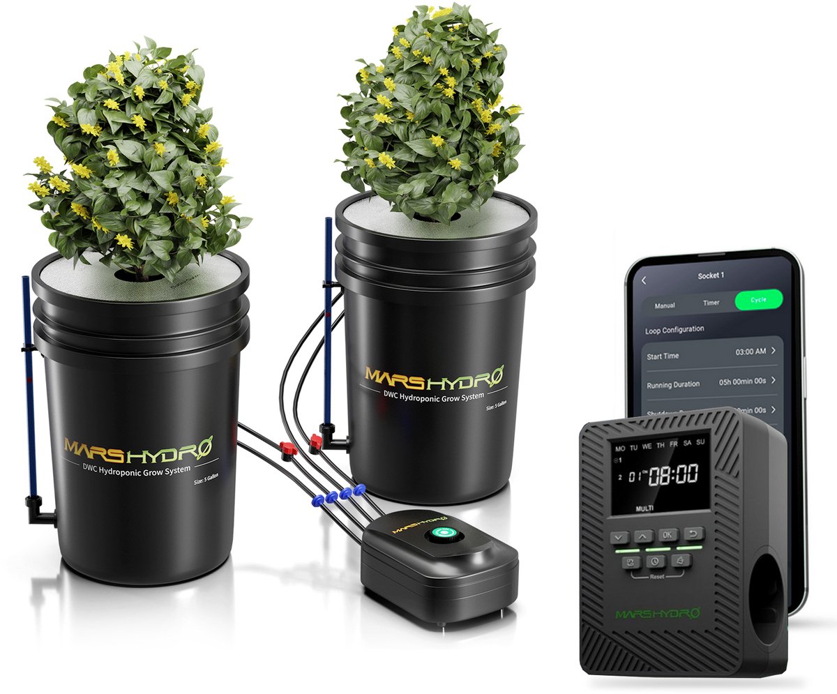 Mars Hydro DWC Hydroponics Set – 2×5 Gal (18,9L) Buckets – 8" Grow Baskets – Luchtpomp 8W – Compleet Hydrocultuur Systeem
