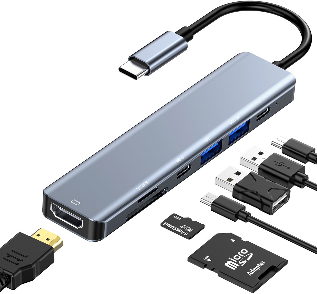 Neuda - 7 Poorten USB C Hub - USB Hub met 1x 4K HDMI -1x USB C 3.0- 2x USB A - SD/TF Kaartlezer Docking Station - USB Splitter - voor voor Macbook Pro / Air / Windows / Universeel Laptop USB Adapter