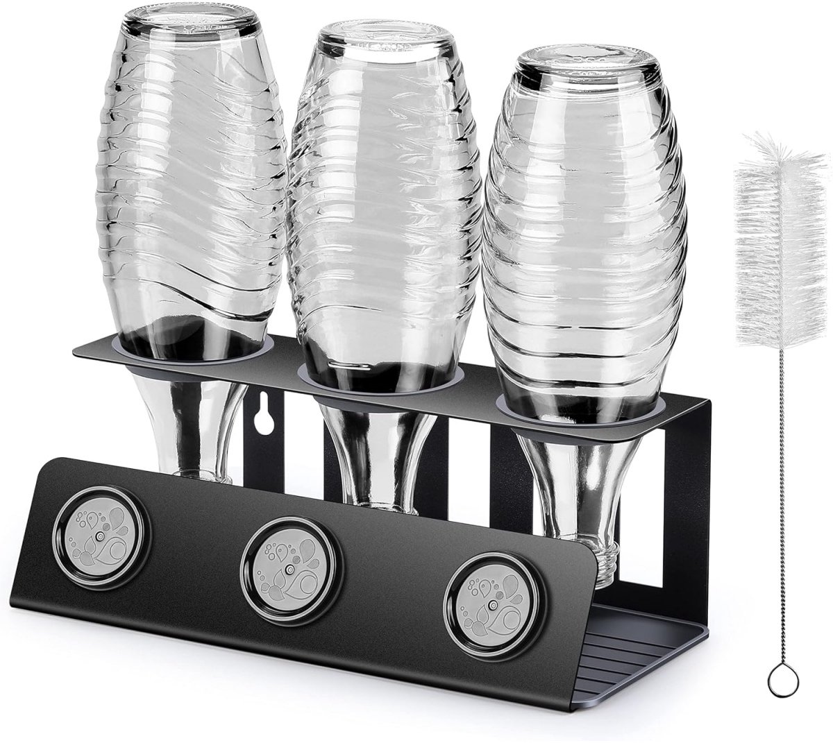 TOVBMUP 3-flessen Afdruiprek - Roestvrijstalen Flessenhouder met Uitneembare Opvangbak en Dekselhouder - Geschikt voor SodaStream, Crystal en Emil Flessen - 30x13,3x11,3cm - Incl. Reinigingsborstel