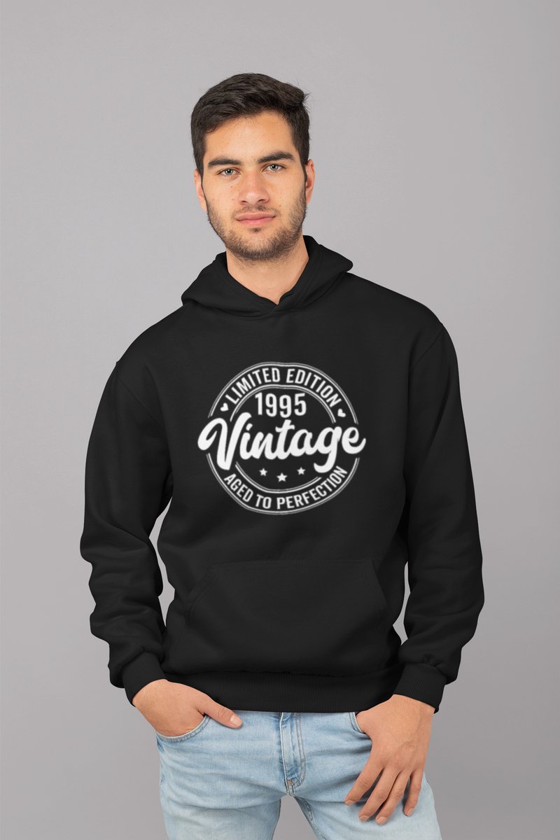 1995 Jaar Zwart Hoodie Heren - Maat M - Aged Vintage - Verjaardag Cadeau Mannen - Limited Edition