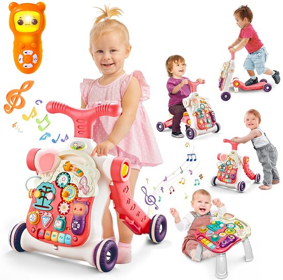 GOPLUS 4-in-1 babyloophulp, loopwagen, in hoogte verstelbaar met licht en muziek, babywalker autovormig met instelbare snelheid, loopvrij voor kinderen vanaf 6 maanden (wit