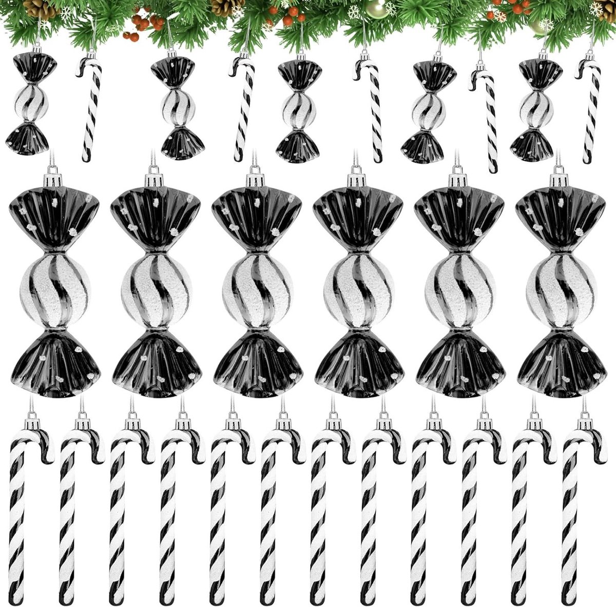 Zwarte kerstzuurstok ornamenten in set van 18 stuks.