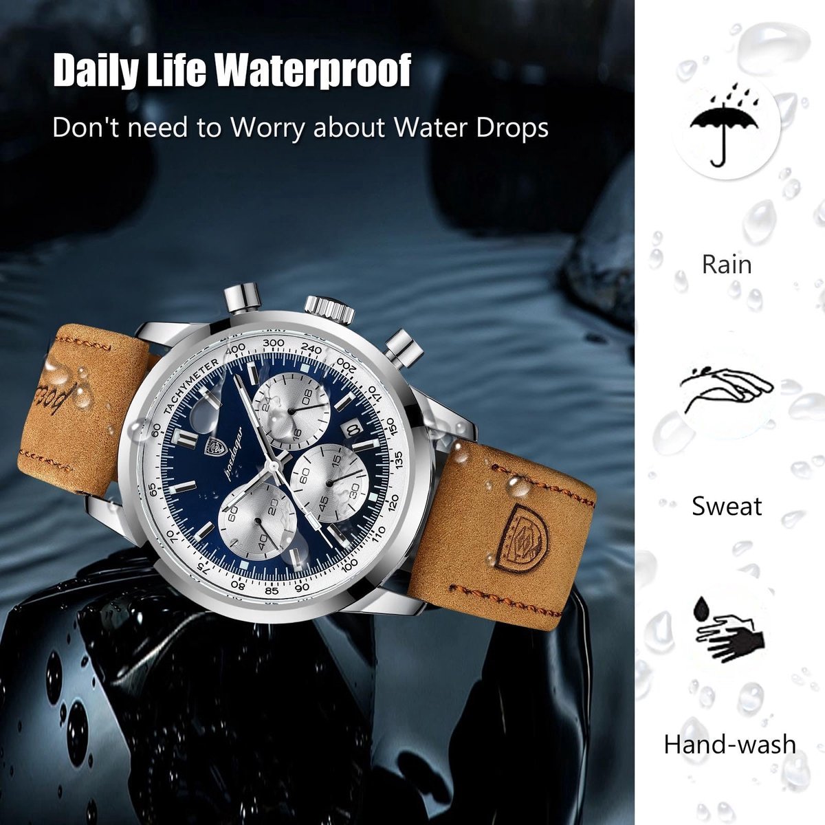 Afbeelding 3 van Heren Analoog Quartz Horloge Chronograaf Blauw Leren Band