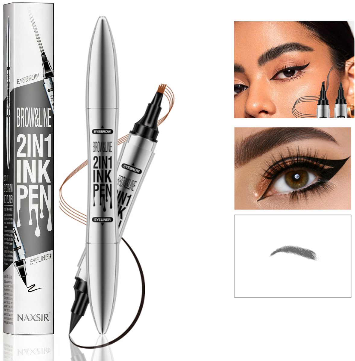 NAXSIR 2-in-1 Waterproof Eyebrow Pen & Eyeliner - Dubbele Make-up Stift - Langdurige Houdbaarheid - zwart