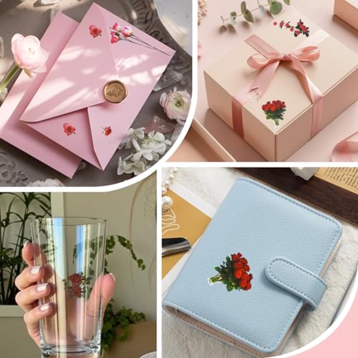 Rozenstickers, 6 stuks transparante bloemenstickers voor ambachten, waterdichte vintage rode vinyl bloemthemastickers voor plakboekbenodigdheden, kaartmaken, dagboek waterflessen, doe-het-zelf