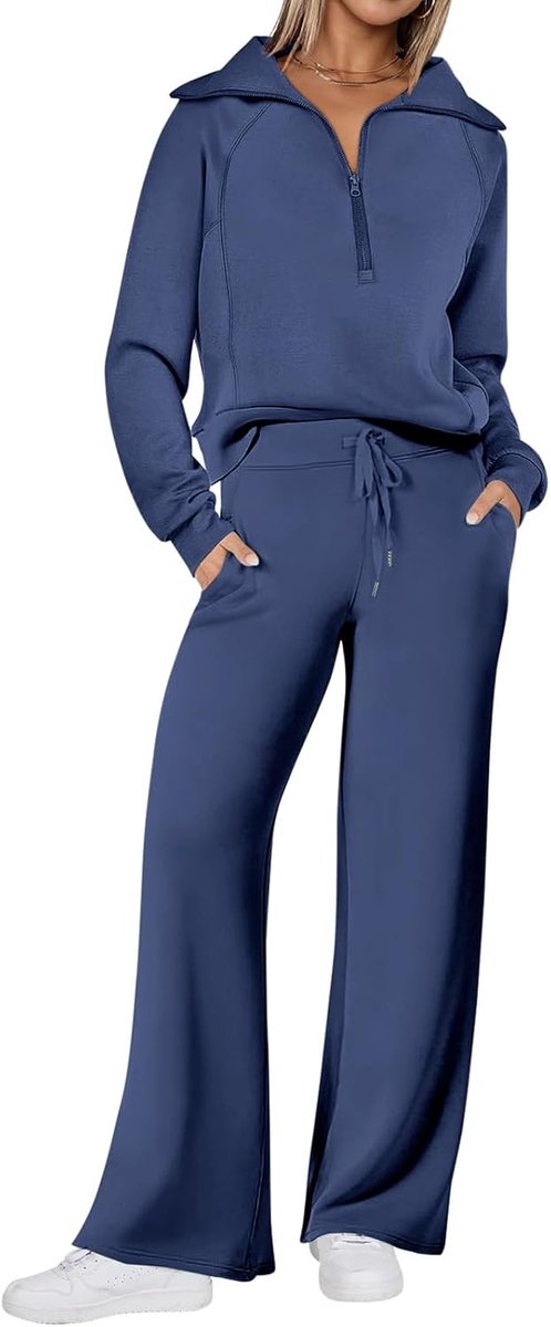 Vrouwen Katoen Rits Revers Trainingspak Lange Mouw Tweedelige Outfit Lounge Wear Effen Kleur Co Ord Sets