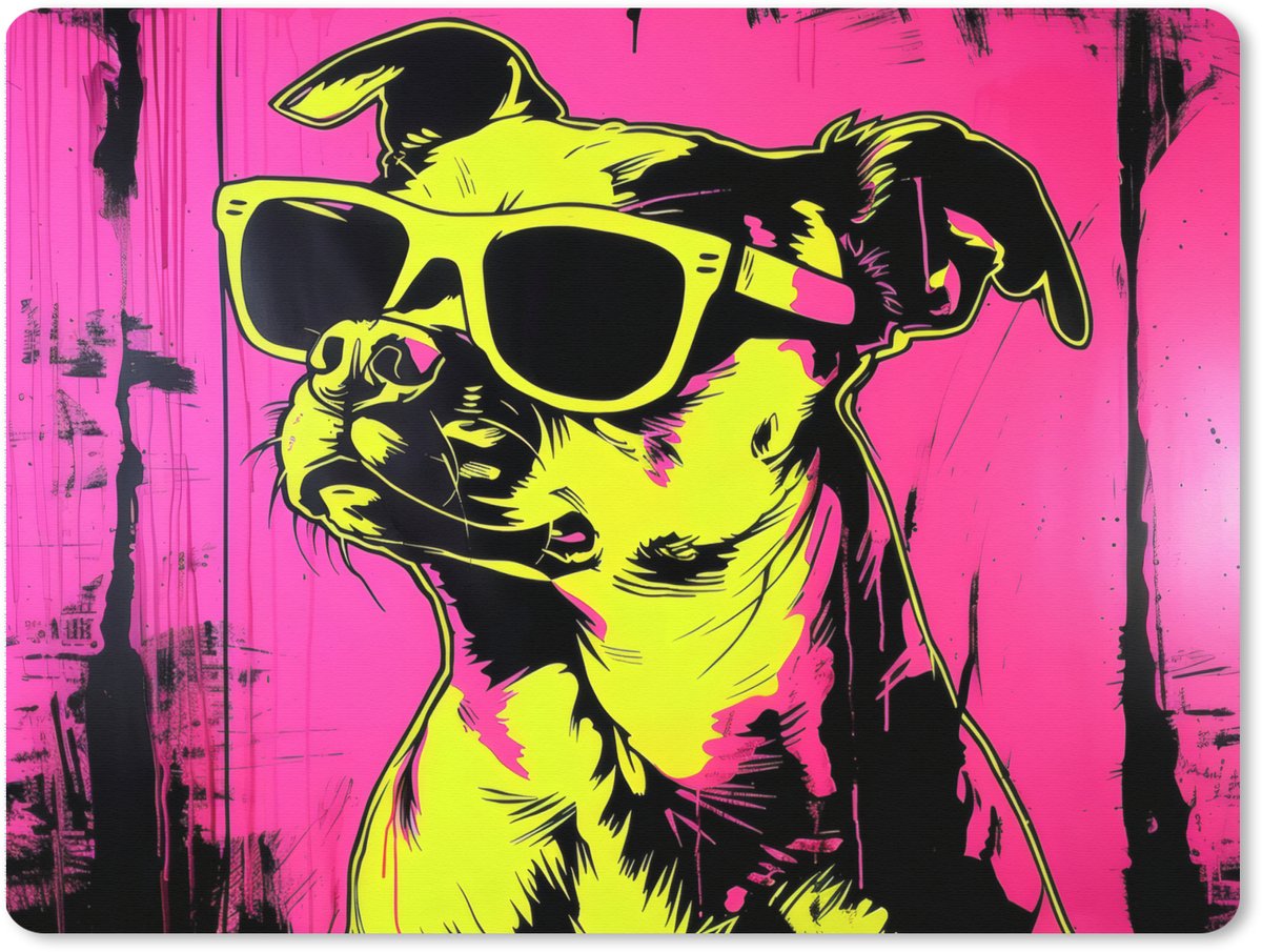 Muismat XXL 80x60 cm - Bureau onderlegger - Bureau mat Hond - Zonnebril - Roze - Art - Bureaumat - Gaming mousepad xl - Bureaulegger groot - Computer deskmat