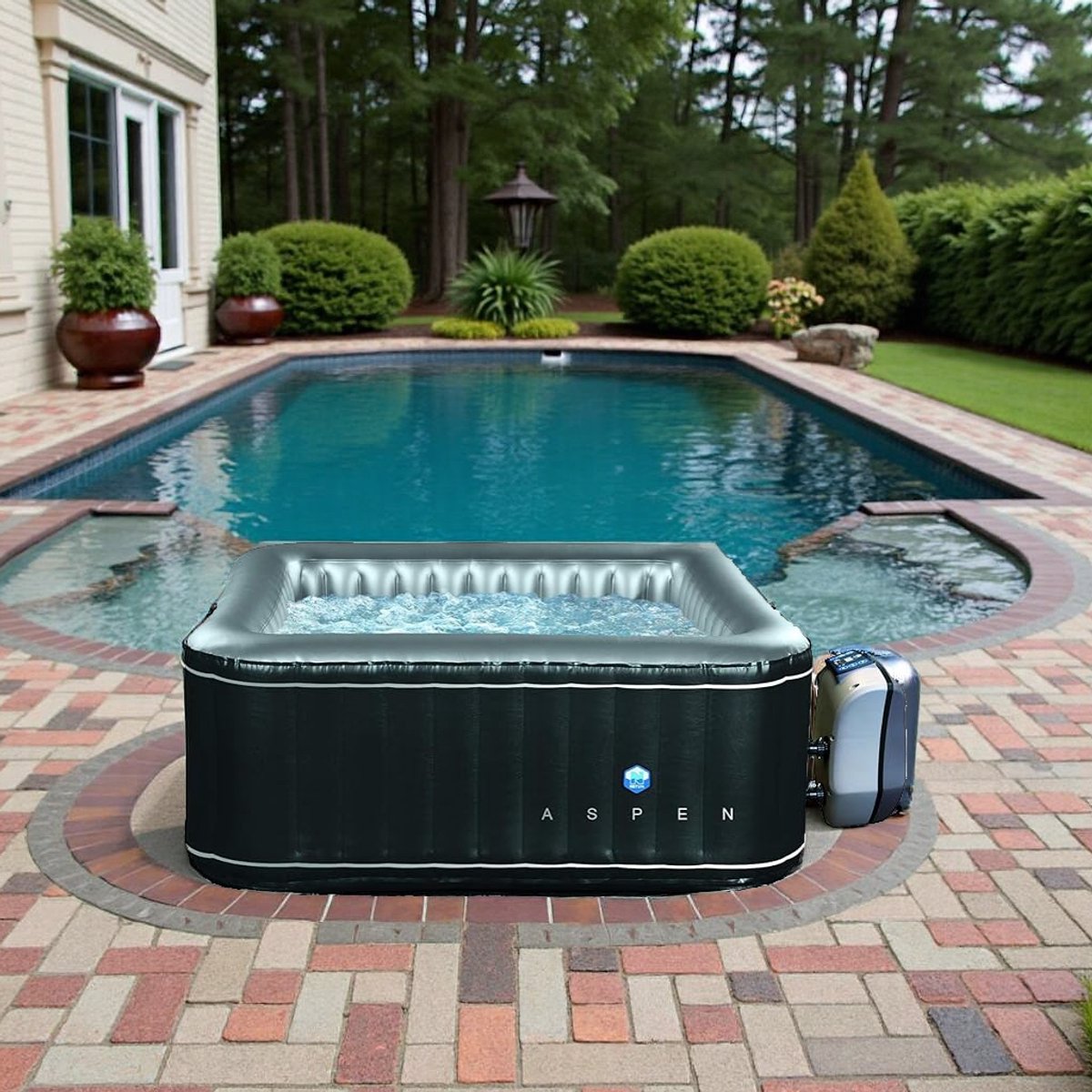 Opblaasbare Vierkante Jacuzzi voor 4 Personen – 168 x 168 cm Zelfopblazend Verwarmd Spa Bubbelbad met 110 Luchtstralen, 700L Capaciteit, Binnen & Buiten Whirlpool met Energiezuinige Verwarming HomeByNicole
