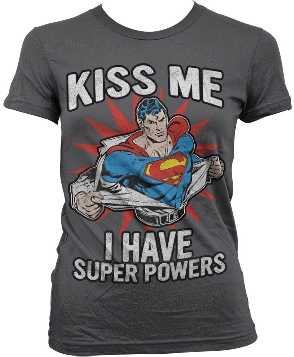 Superman Kiss Me I Have Super Powers Girly T-Shirt Damen Dark-Grey-2XL