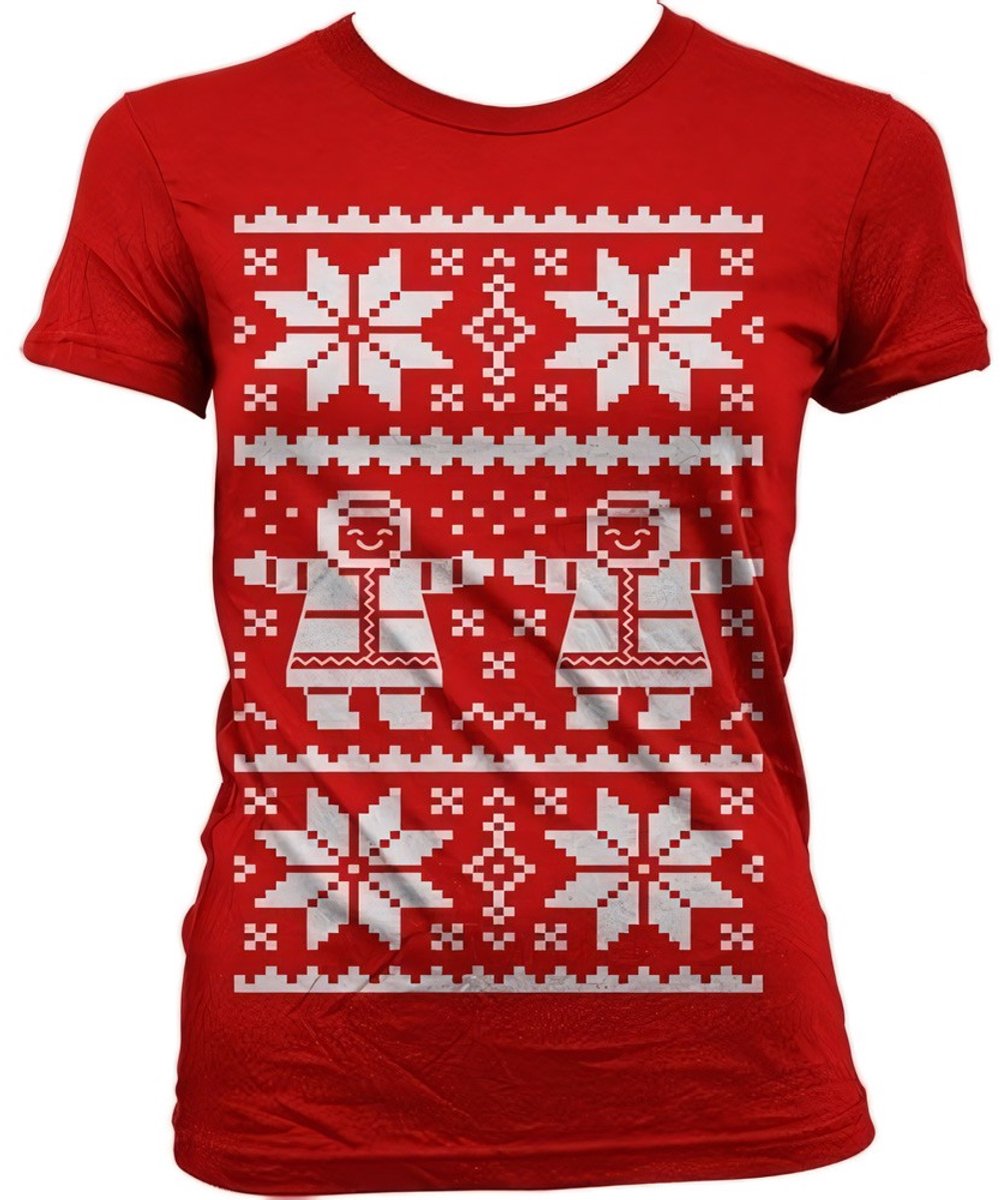 Dames Fun Tshirt -M- Retro X-Mas Knit Pattern Rood