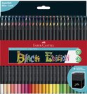 Verpakking met 50 Faber-Castell 'Black Edition' kleurpotloden in zwart met gekleurde punten en potloodhouder.