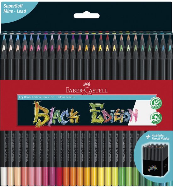 Verpakking met 50 Faber-Castell 'Black Edition' kleurpotloden in zwart met gekleurde punten en potloodhouder.