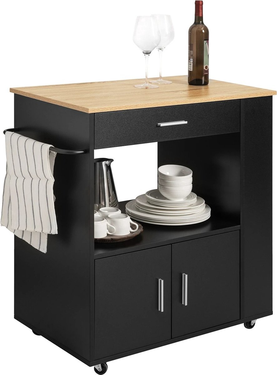 WNHB® Keukentrolley met Lade en Deuren – Keukenkast/Keukenwagen op Wielen – Zwart/Bruin – MDF – 82 x 46 x 88 cm