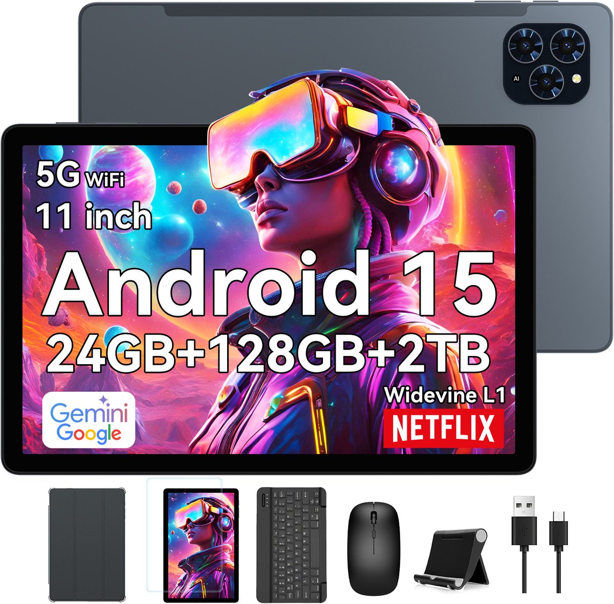 TABWEE Tablet T90 - 24GB RAM - 128GB ROM - 8000 mAh - 11 Inch - Met Toetsenbord(QWERTY) - Hoes - Stylus - Muis - Gemini AI - Bluetooth 5.0 - Android 16 - Grijs