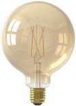 Gouden Calex G25 globe LED lamp met zichtbare filamenten en E27 fitting.