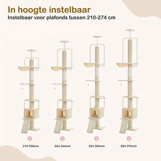 Afmetingen verstelbare kattenpaal voor plafonds van 210-274 cm, vier modellen getoond.