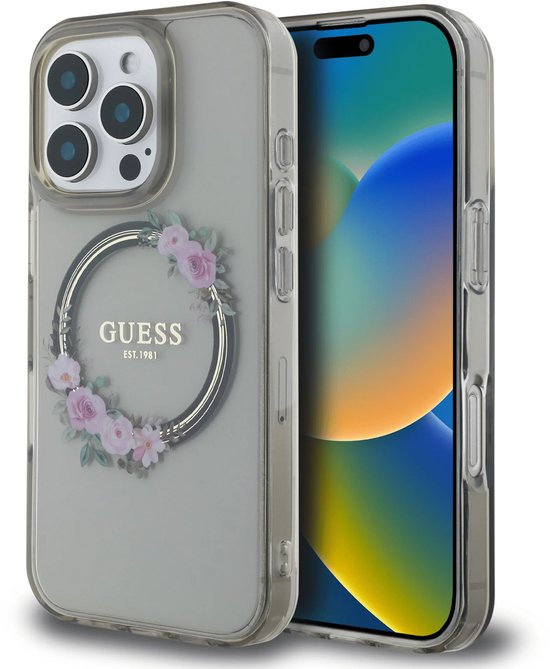 Guess GUHMP16LHFWFCK iPhone 16 Pro 6,3" noir/noir coque rigide IML Flowers Wreath MagSafe