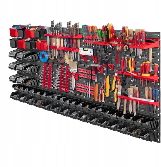 KADAX Gereedschapswandrek, Groot, 174 X 78 Cm, Opslagsysteem Van Robuust Kunststof Uv Bestendig Modulesysteem Uitbreidbare Wandplaten Werkplaatsrek Voor Garage Rood En Zwart 110 Stuks 656914801