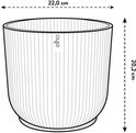 Technische tekening van antraciet rieten bloempot met afmetingen: breedte 22cm, hoogte 20,2cm.