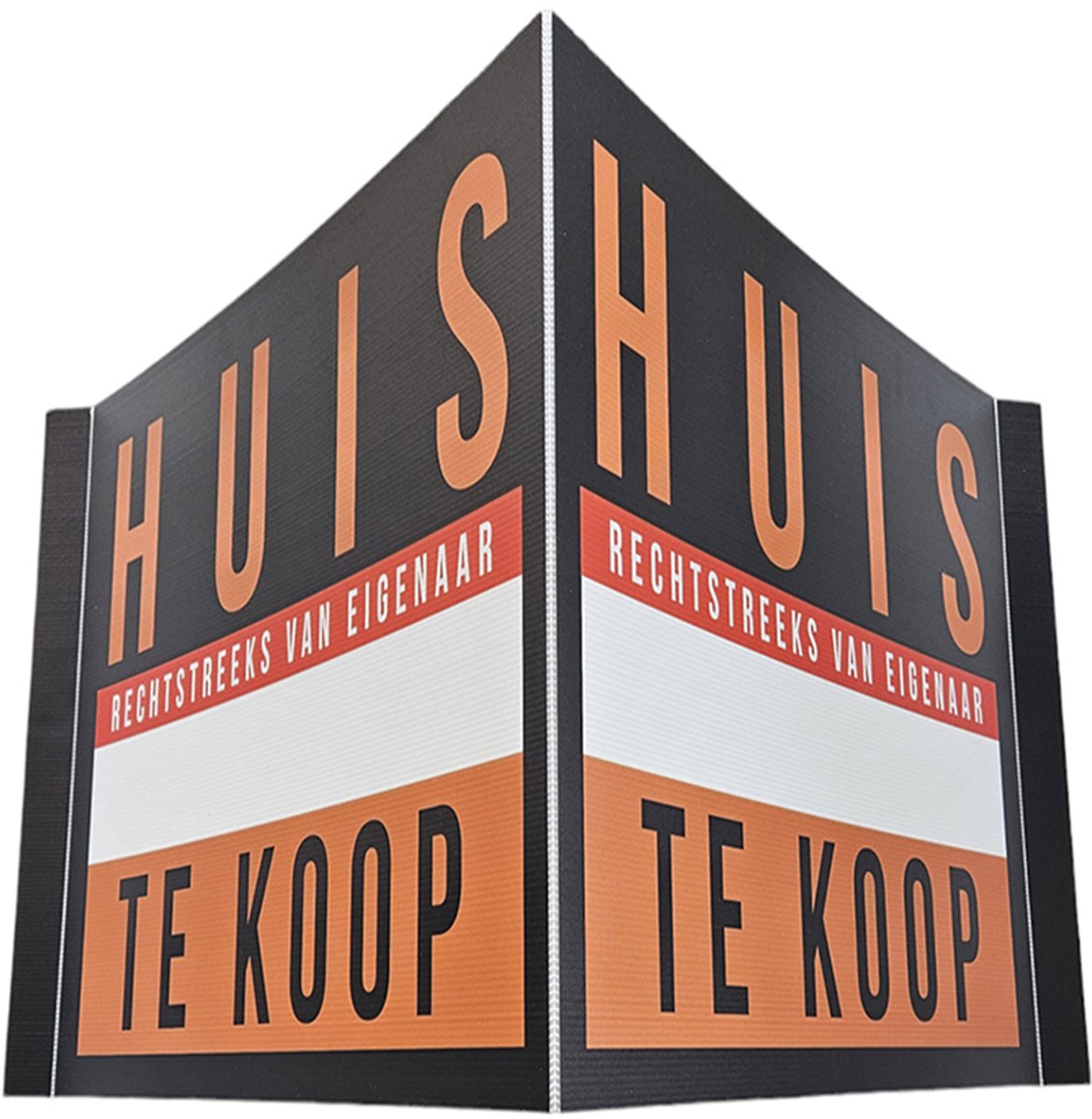 Raambord/ Immobord/ Bord | "Huis te koop - Rechtstreeks van eigenaar" | 140 x 50 cm | Kanaalplaat | Huis verkopen | Bord | V-bord | Verkoop | Inclusief sterke dubbelzijdige tape | Zwart | Oranje | 1 stuk