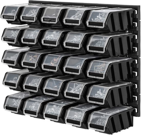 Étagère d'atelier KADAX, 58 x 39 cm, support mural pour outils en plastique robuste, système de rangement résistant aux UV, panneaux muraux extensibles, support mural d'atelier pour garage (noir, 25 pièces)