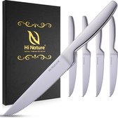 Couteaux à steak HI NATURE™ 4 pièces en acier inoxydable | Couteaux à viande, Set de couteaux, Couteaux de cuisine | Passe au lave-vaisselle - 22 cm - Argent